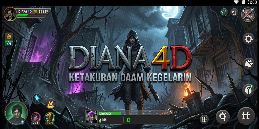 Screenshot utama DIANA4D menampilkan aksi seram di dunia gelap.