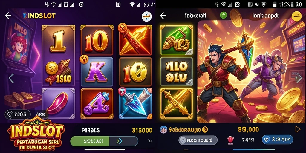 Screenshot menunjukkan pertarungan seru dalam INDSLOT dengan karakter unik.