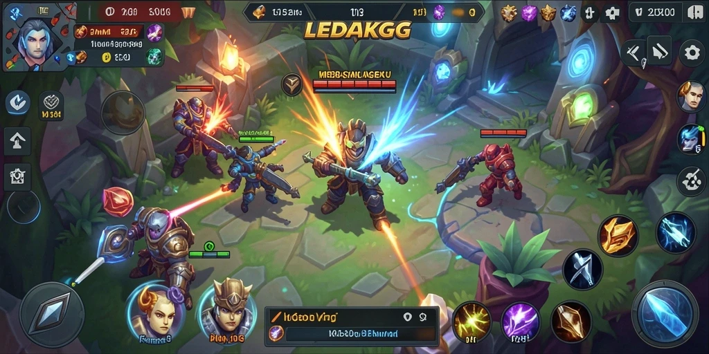 Tangkapan layar utama LEDAKGG menampilkan momen seru dalam pertandingan MOBA.
