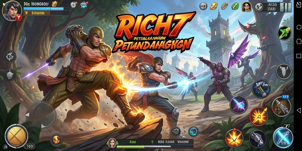 Tangkapan layar utama RICH7 menampilkan aksi pertempuran seru dan grafis yang menawan.